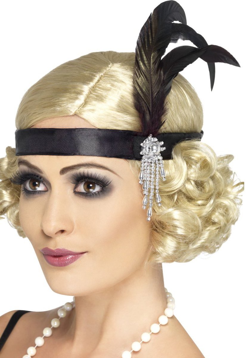 Hoofdband zwart met veren | Black Satin Charleston Headband